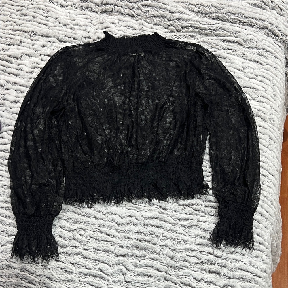 Sheer Black Lace Smocked Waist Blouse